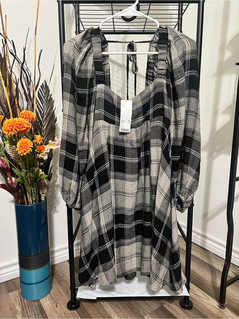 NWT Urban Outfitters Black and White Plaid Smocked Mini Dress